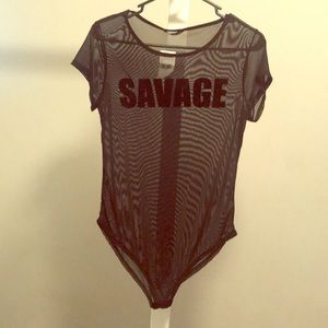 Sheer, black bodysuit with velvet lettering